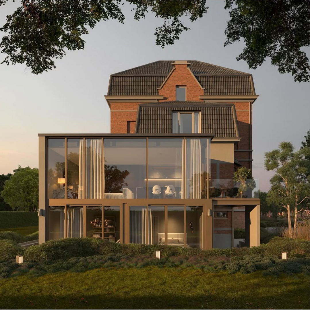 Villa met glazen paviljoen in het avondlicht