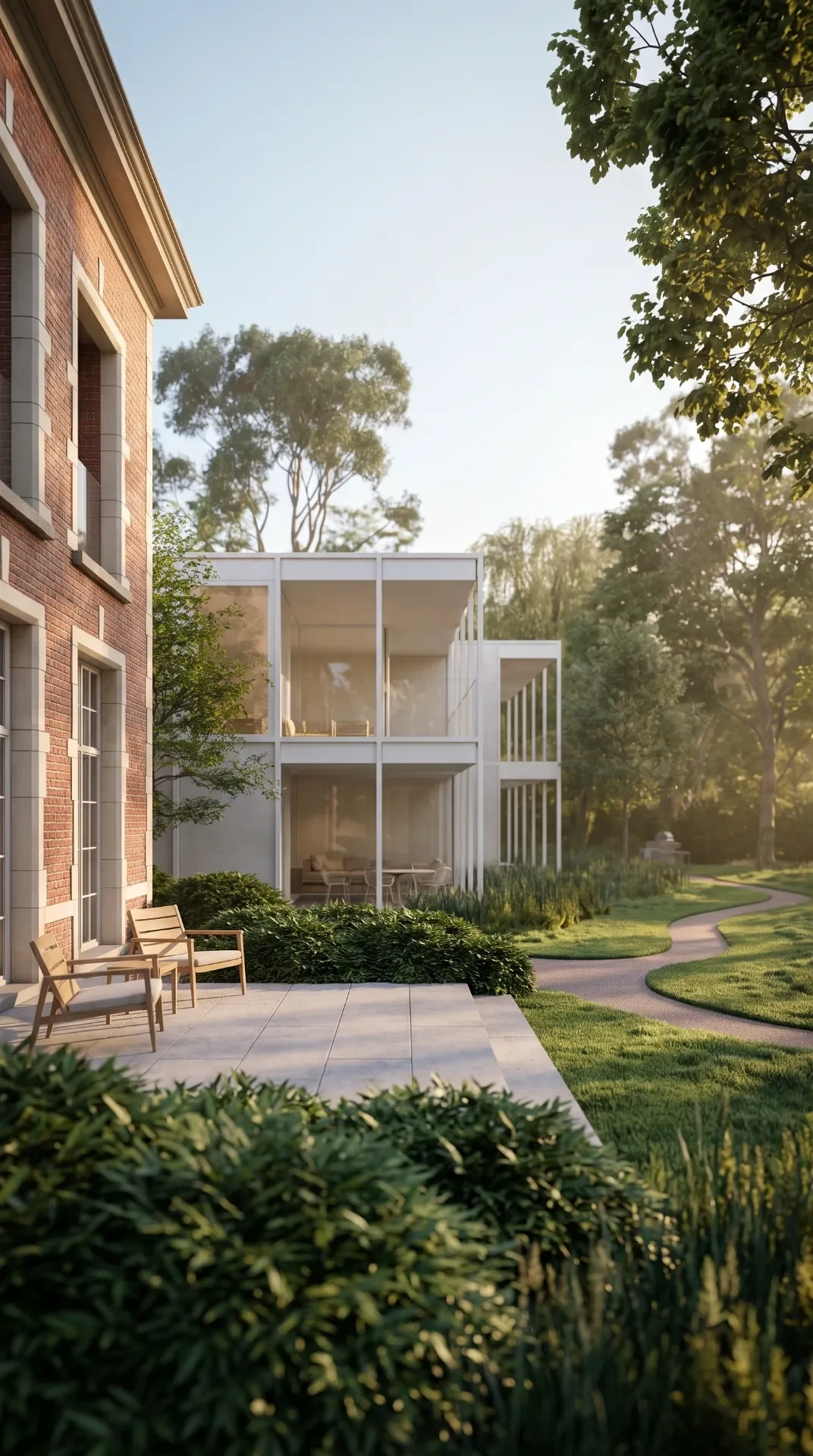 Villa en paviljoen in het ochtendlicht